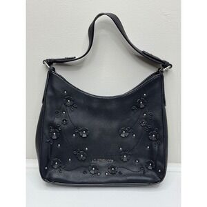 Liz Claiborne Black Leather Hobo Bag Floral‎ Applique Studded Shoulder Bag